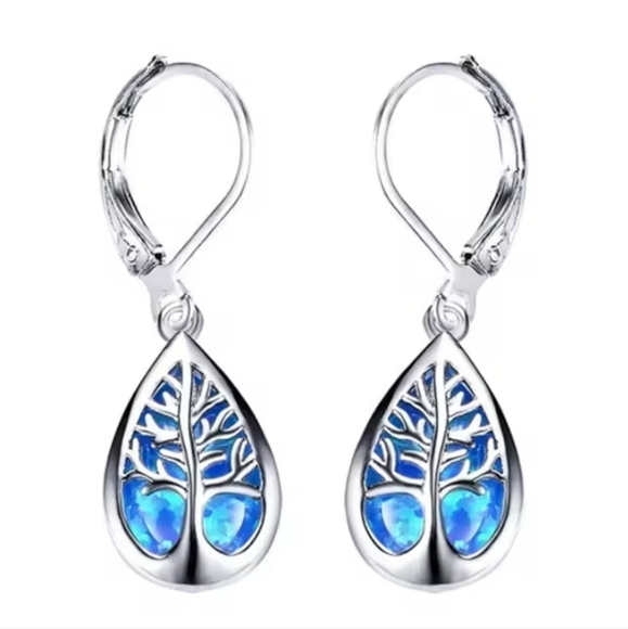 Price DROP-Sterling Silver Tree of Life Simulated Blue Opal Drop Earrings - Picture 4 of 7